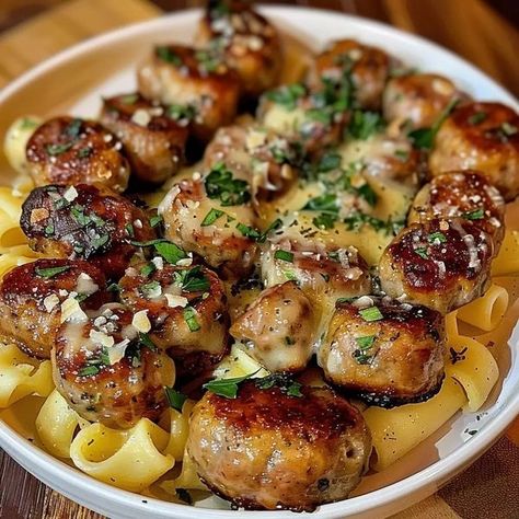 Garlic Butter Sausage Bites, Garlic Sausage Recipes, Garlic Butter Sausage, Creamy Parmesan Pasta, Sausage Bites, Hamburger Potato Casserole, Creamy Parmesan Sauce, Meat Sauce Recipes, Spaghetti Meat Sauce