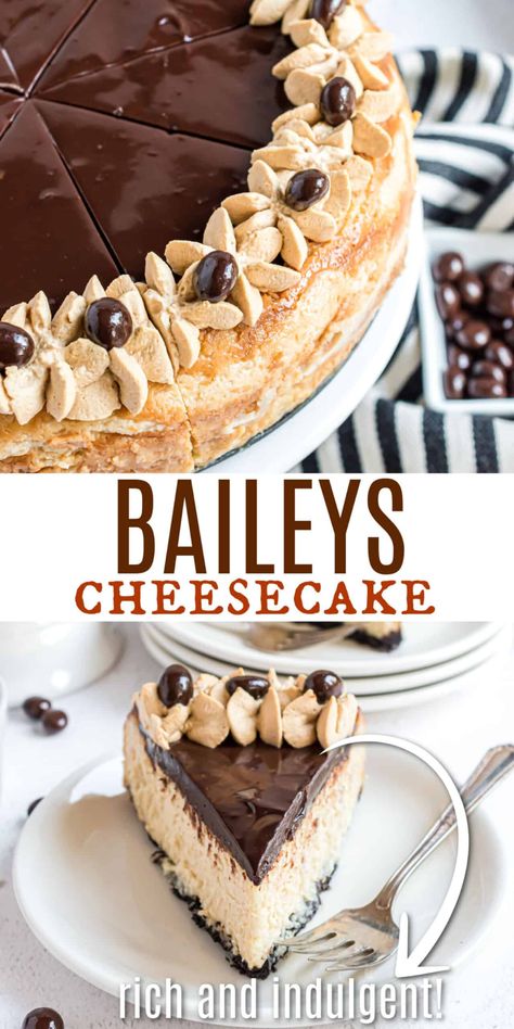 The great taste of Cheesecake and Bailey's Irish Cream all in one dessert! This Baileys Cheesecake recipe has an oreo cookie crust, creamy cheesecake with Irish Cream, chocolate ganache, and an espresso whipped cream! Bailey’s Cheesecake Recipe, St Patricks Day Cheesecake Recipes, Irish Cream Cheesecake Recipes, Baileys No Bake Cheesecake, Bailey’s Cheesecake, Whipped Cheesecake Recipes, Fireball Cheesecake Recipe, Baileys Cheesecake Recipes, Cheesecake Flavors Ideas