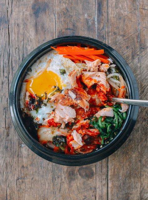 Salmon Bibimbap, by thewoksoflife.com Korean Rice Bowl Recipe, Korean Rice Bowl, Bibimbap Recipe, Easy Korean Recipes, Woks Of Life, The Woks Of Life, Korean Rice, Rice Bowls Recipes, Woks