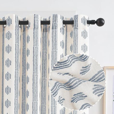 Amazon.com: Melodieux Boho Striped Pattern Linen Textured Semi Sheer Curtains for Bedroom, Living Room Light Filtering Grommet Window Curtain Drapes, 50 by 84 Inch, Blue on Beige(2 Panels) : Home & Kitchen Beachy Bedroom Curtains, Blue Patterned Curtains, Divider Backdrop, Western Curtains, Textured Curtains, Coastal Curtains, Curtains Living Room Modern, Backdrop Curtains, Classic Curtains