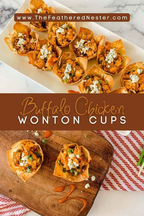 These Buffalo Chicken Wonton Cups, also known as buffalo chicken bombs, are the perfect mix of crispy, spicy, and cheesy! Ideal as bite-sized snacks or appetizers, they’re sure to be a hit at any gathering. Try them for a flavor-packed treat everyone will love! Buffalo Chicken Wonton Cups, Chicken Wonton Cups, Buffalo Chicken Cups, Wonton Cups Appetizers, Chicken Cups, Buffalo Chicken Wontons, Wonton Appetizers, Healthy Buffalo Chicken Dip, Wonton Wrapper Recipes