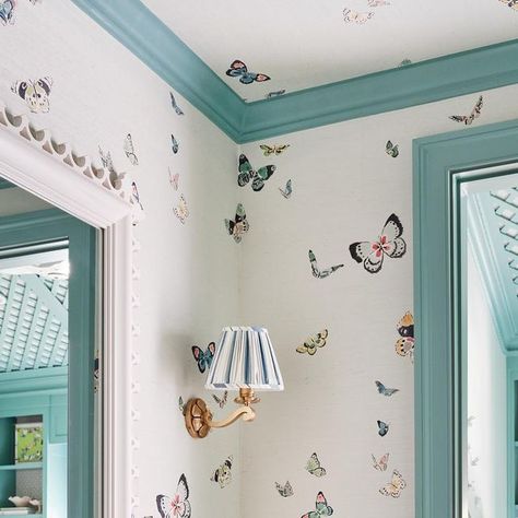 Tori Rubinson Interiors on Instagram: "I can’t believe it has been almost 5 years since I designed Sami’s room. One of the first things we chose was this printed butterfly grasscloth from @jamesshowroom by @caitlinmcgauley. All of the colors were perfect for her space and I loved the whimsy of it! Photography by: @stephen_karlisch_photo Styling by: @melanie.mckinley.stylist Builder: @brookscustomhomesfw . . . . Trim: SW Drizzle 6579 Cabinets: SW Obi Lilac 6556" Caitlin Mcgauley Wallpaper, Butterfly Wallpaper Bathroom, Caitlin Mcgauley, I Still Remember, Nursery Room Inspiration, Interior Design Photos, Big Girl Rooms, House Remodel, House Room