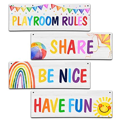 4 Pieces Playroom Decor Kids Room Wall Decor Wooden Sign - Rainbow Theme Motivational Wall Art For Kids Room Nursery Playroom Classroom - Playroom Rules Be Nice Share Have Fun(Sign-12) Small Playroom Ideas, Wall Art For Kids Room, Rainbow Playroom, Small Playroom, Art For Kids Room, Playroom Rules, Playroom Classroom, Wall Art For Kids, Playroom Wall Decor