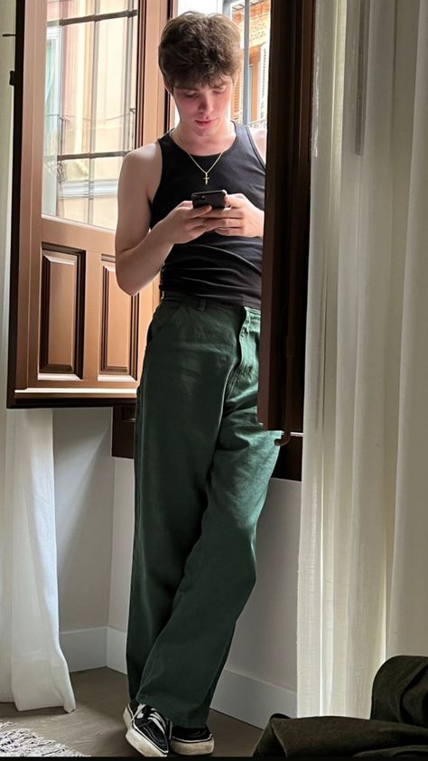 Vintage Masculine Outfits, Green Prom Outfit Men, Male Prom Outfits Aesthetic, 90s Aesthetic Outfit Men, Aesthetic Masculine Outfits, Converse Shoes Black, Black Tank Tops Outfit, Outfit Inspo Men, Green Pants Outfit