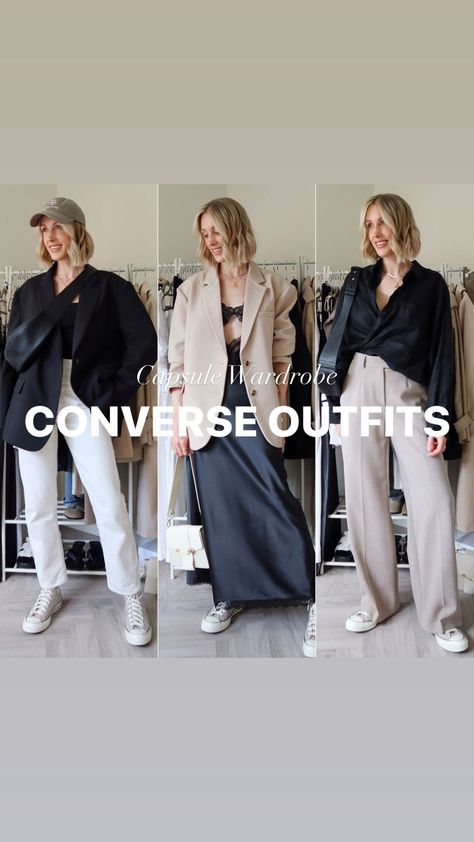 charlottebuttrick on Instagram: CONVERSE OUTFITS 👟which is your favourite? - find outfit links & Converse sizing on my @ltk.europe profile (link in bio) Styling my… How To Style Beige Converse, Chic Converse Outfit, White Converse Winter Outfit, Trousers With Converse, Chuck Taylors Outfit Women Street Styles, Tan Converse Outfit, Beige Converse Outfit, Low Top Converse Outfit, Wide Leg Jeans Outfit Fall