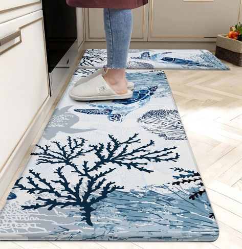 Coastal Beach Kitchen, Kitchen Rugs Farmhouse, Boho Style Kitchen, Coastal Kitchen Design, Beach Kitchen, Beach Kitchens, Coral Sea, Anti Fatigue Mat, Coastal Kitchen