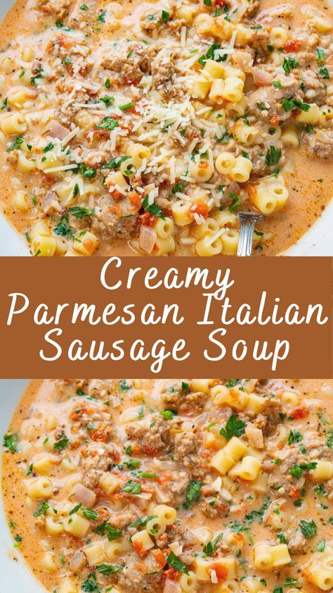 Creamy Parmesan Italian Sausage Soup Recipe | Cheff Recipes Sausage Soup Recipes, Italian Sausage Soup, Sausage Soup, Creamy Parmesan, Easy Soup Recipes, Easy Soups, Hearty Soups, Italian Sausage, Soup And Salad