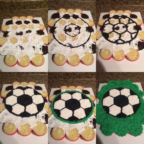 Soccer Ball Pull Apart Cupcakes, Soccer Desert Ideas, Sports Themed Cupcake Cake, Soccer Party Cupcakes, Pull Apart Soccer Cupcake Cake, Soccer Birthday Cupcakes, Soccer Ball Cupcake Cake, Soccer Theme Cupcakes, Soccer Cupcake Ideas