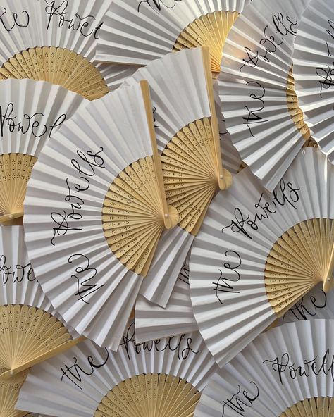 Obsessed with how beautiful these personalised fans turned out! I love how such a small element from your day can make huge difference to your wedding by adding personal touches 🤍 Free Bachelorette Party Games, Personalized Wedding Fans, Paper Fans Wedding, Pink Black Weddings, Fan Wedding Favors, Personalised Fans, Calligraphy Illustration, Hand Fans For Wedding, Party Fans