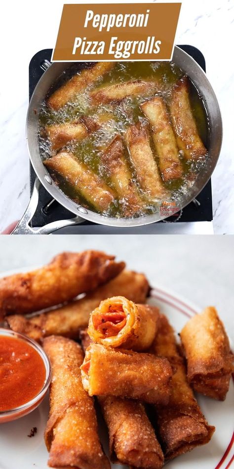 Pizza Rolls Videos, Recipe With Pepperoni, Deep Fried Egg Rolls, Crispy Pepperoni, Deep Fried Pizza, Pizza Egg Rolls, Pepperoni Recipes, Egg Rolls Recipe, Pizza Roll Recipe