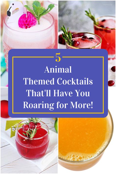 Collage of 4 animal themed cocktails. Vet Med Themed Drinks, Animal Cocktails, Pet Themed Cocktails, Farm Themed Cocktails, Animal Themed Cocktails, Cat Themed Cocktails, Jungle Themed Cocktails, Safari Themed Cocktails, Themed Cocktail Recipes