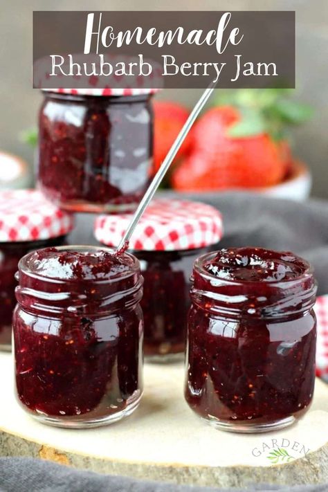 Fresh rhubarb, organic berries and some powdered sugar come together for a tart and sweet Rhubarb Berry Jam. With the perfect combination of flavors and texture, I guarantee you'll be looking forward to spreading it on your morning toast. Huckleberry Rhubarb Jam, Rhubarb Berry Jam, Blackberry Rhubarb Jam, Unique Jam Recipes, Raspberry Rhubarb Jam, Blueberry Rhubarb Jam, Preserves Recipes, Rhubarb Jelly, Blueberry Rhubarb