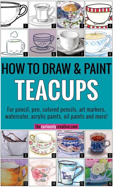 Teacup Painting Acrylic, Teapot Art Drawing, Tea Cup Painting Acrylic, Painting Tea Cups Diy, Watercolor Teacup Painting, Tea Cup Art Painting, Tea Cup Watercolor Painting, How To Draw A Tea Cup, Tea Cup Art Drawing