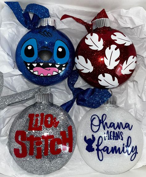 One of the cutest movies out there so why not turn it into an ornament set! This set includes 4 ornaments from the lilo & stitch movie! Each ornament is 3 inches and plastic! Ornaments are designed using permanent vinyl. No returns ! Stitch Disney Christmas Tree, Diy Stitch Christmas Ornaments, Christmas Custom Ornaments, Lilo And Stitch Ornament Diy, Christmas Tree Stitch, Spiderman Ornament Diy, Lilo And Stitch Christmas Ornaments Diy, Dinosaur Ornament Diy, Diy Christmas Ornament Gifts