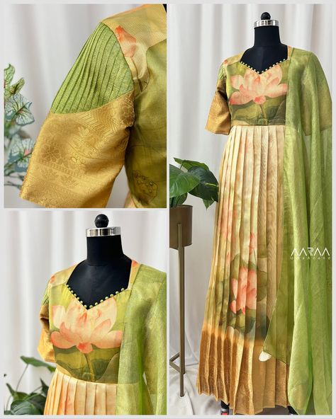 Customised tissue kota gown with crushed tissue dupatta. We did the yoke with high neck and sleeves with a pleated detail. #designergown #floraldesign #floralprintedgown #floralgown #ethnicgown #aarraabyumaanand #coimbatoreboutique #designerboutique #chennaishopping #hyderabadfashion Tissue Gown, Tissue Dupatta, Anarkali Dresses, Long Gown Design, Ethnic Gown, Simple Gowns, Kurti Neck, Kurti Neck Designs, Designer Blouse Patterns