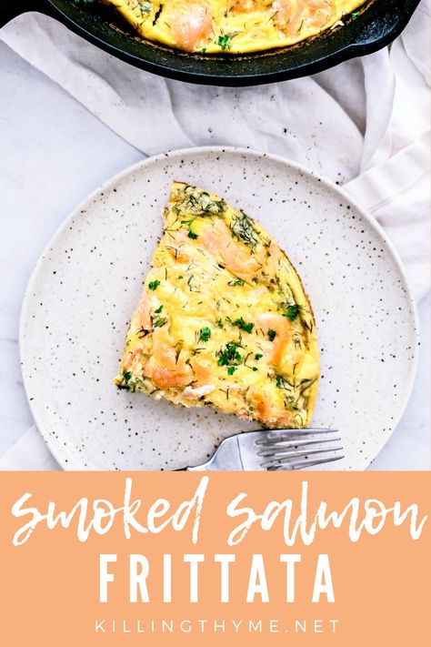 This creamy and fluffy smoked salmon frittata is packed with flavor and perfect for Sunday brunch—whether you're keeping it lazy or entertaining! #smokedsalmon #frittata #eggs #bruchrecipes #brunch Smoked Salmon Eggs, Salmon Frittata, Lox Bagel, Smoked Salmon Frittata, Smoked Salmon And Eggs, Bagel Breakfast Sandwich, Lox And Bagels, Thyme Recipes, Salmon Eggs