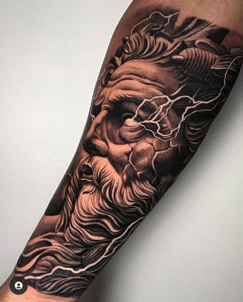 Tattoo With Words, Realistic Tattoo Ideas, Bull Skull Tattoos, Poseidon Tattoo, Zeus Tattoo, Greek Mythology Tattoos, Men Tattoos Arm Sleeve, Forarm Tattoos, Forearm Sleeve Tattoos