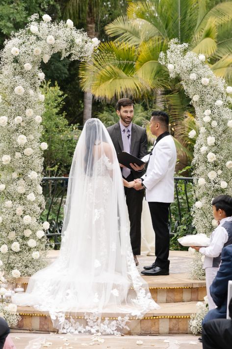 Bride and Groom at their outdoor garden wedding ceremony.  The bride is wearing a cathedral length veil. The beautiful veil and wedding dress have floral lace appliques throughout. Wedding Dress Floor Length, Veil For Bride, Wedding Bridal Veils, Romantic Garden Wedding, Lace Veil, Wedding Veils Lace, Wedding Dress With Veil, Bridal Veils, Cathedral Veil