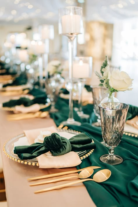 Green Gold Wedding Decor, White Gold And Emerald Green Wedding, Emerald Green And Gold Table Setting, Green And Gold Table Decor, Green Reception Decor, Emerald Table Setting, Emerald And Gold Wedding Table Setting, Green And Gold Event Decor, Green And Gold Table Decorations