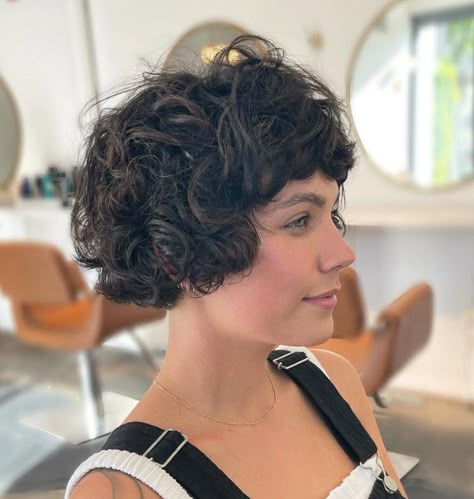 Ear-Length Curly Bob with Bangs Short Wavy Bobs With Bangs, Pixie Haircut Curly Hair Natural, Chin Length Hair Wavy, Wavy French Bob With Bangs, Ear Length Hair With Bangs, Curly Layered Bob With Bangs, Stacked Curly Bob, Curly French Bob With Bangs, Curly Short Hair With Bangs