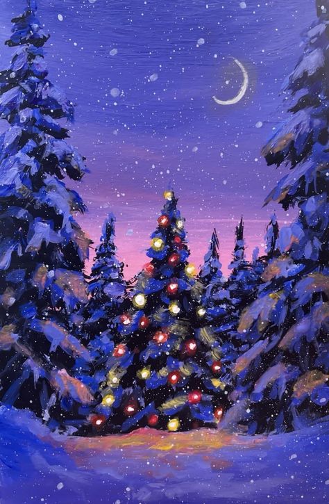 Christmas Acrylic Painting, Night Acrylic Painting, Girl In The Rain, Christmas Card Tutorials, Holiday Cards Handmade, Snowy Christmas Tree, Snowy Christmas, Purple Sunset, Muse Art