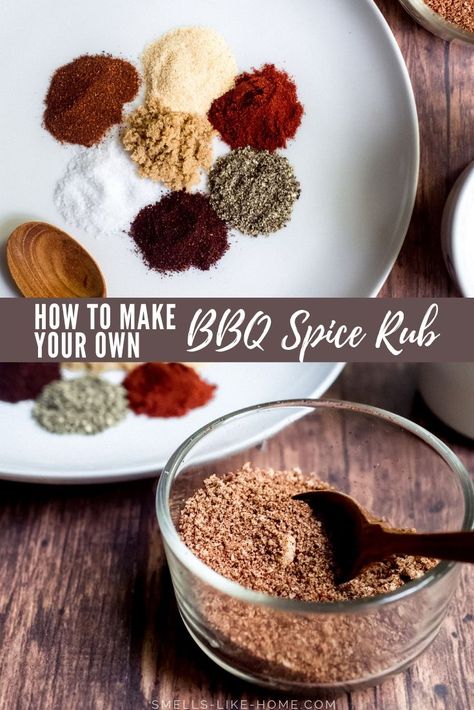 BBQ Spice Rub Recipe (A 5 Ingredient Mix!) - Smells Like Home Barbecue Rub Recipes, Bbq Seasoning Recipe, Bbq Spice Rub, Homemade Seasoning Mixes, Barbecue Rub, Bbq Rub Recipe, Bbq Dry Rub, Homemade Dry Mixes, Spice Rubs