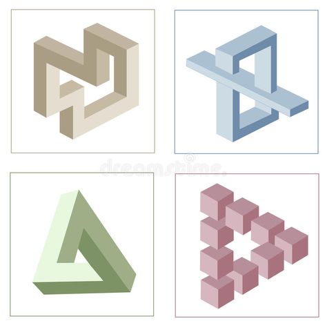 Different optical illusions of impossible objects. Different multicolored optical illusions of unreal geometrical objects vector stock illustration Impossible Objects, Impossible Shapes, Solid Figures, Art Deco Artwork, Isometric Drawing, Cool Optical Illusions, Platonic Solid, Mirror Artwork, Math Art