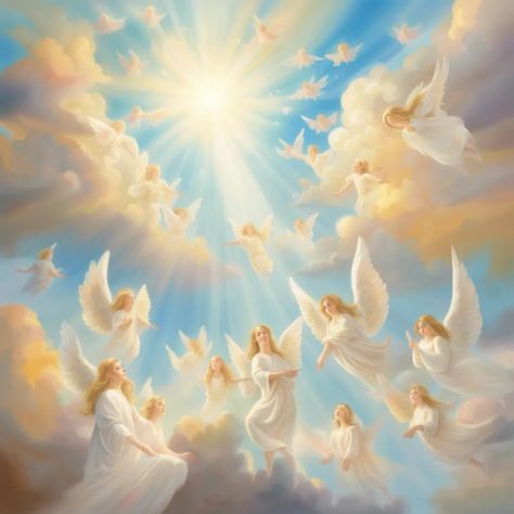 Revelation Art, Angel Heaven, Angel Clouds, Real Angels, Jesus Christ Artwork, Bible Images, Angel Images, Beautiful Angels Pictures, Sky Painting