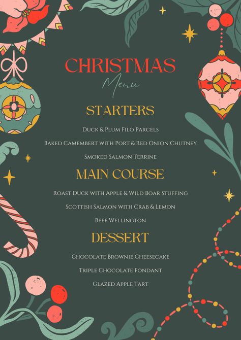 Dinner Menu Design Ideas, Christmas Food Menu Ideas, Seasonal Menu Design, Christmas Menus Ideas, Christmas Menu Design Templates, Holiday Menu Design, Xmas Menu Ideas, New Year Menu Design, Winter Dinner Party Menu Ideas