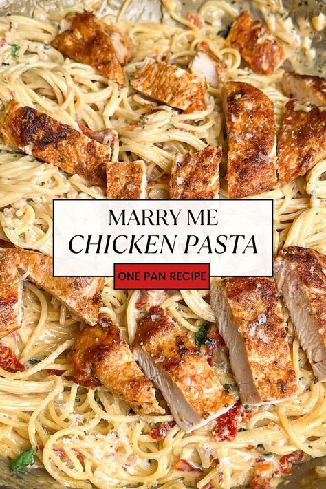 Angel hair pasta is bathed in a lightened up sun-dried tomato-filled cream sauce, all made in one pot in this Marry Me Chicken Pasta recipe. It is quick to throw together, dirtying just one pot, for an easy 30-minute meal. This is great for weeknight meals when you aren’t wanting to indulge.  #OnePotMeals #30MinuteMeals #WeeknightDinner #AngelHairPasta #MarryMeChicken #EasyRecipes #PastaLovers #QuickDinner Recipes Using Angel Hair Pasta, One Pot Chicken Spaghetti Recipe, Angel Pasta Recipes, Chicken Angel Hair Pasta Recipes, Chicken And Angel Hair Pasta Recipes, Recipes With Angel Hair Pasta, Angel Hair Chicken Pasta, Pasta Recipes Angel Hair, Chicken With Angel Hair Pasta