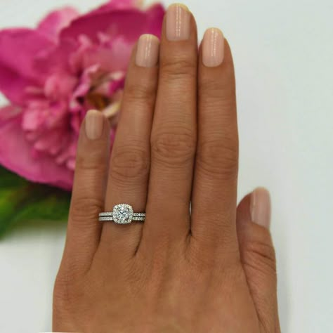 Etsy 3/4 ctw Classic Square Halo Bridal Set, Round Engagement Ring, Man Made Diamond Simulant, Half Etern Pink Wedding Rings, Halo Bridal Set, Square Engagement Rings, Round Engagement Ring, Ring Man, Future Engagement Rings, Half Eternity Wedding Band, Classic Wedding Rings, Wedding Rings Halo