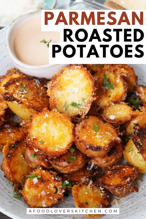 These Parmesan Roasted Crispy Potatoes are magic with crispy edges and fluffy interiors, all coated in a savory blend of Parmesan cheese, garlic, and herbs, that will have everyone coming back for seconds. Parmesan Oven Potatoes, Ranch Parmesan Potatoes, Yellow Potatoes Recipes Healthy, Easy Way To Cook Potatoes, Parmesan Potatoes Recipes, Garlic Roasted Potatoes Air Fryer, Roasted Cheese Potatoes, Parmesan Pesto Roasted Potatoes, Oven Roasted Herb And Garlic Parmesan Potatoes