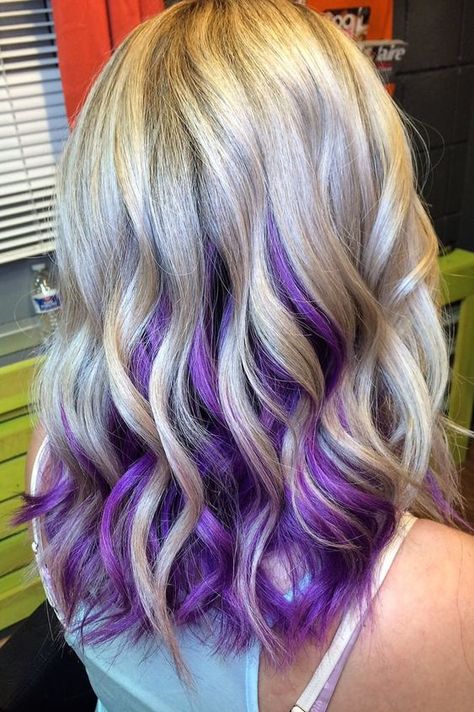 44 Peekaboo Highlights Ideas for Any Hair Color Blonde Hair With Dyed Underneath, Blonde Hair With Fun Colors, Blonde With Purple Underneath, Colourful Hair Ideas For Blondes, Purple And Blonde Hair, Blonde And Purple Hair, Purple Underneath Hair, Purple Peekaboo Hair, Blonde And Purple