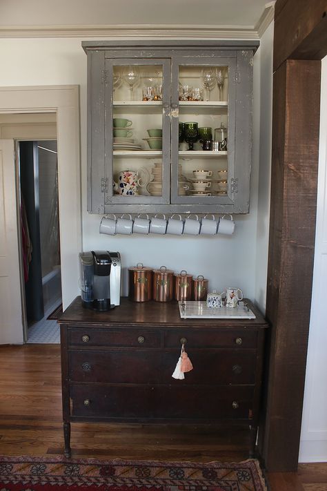 Our Dining Room Coffee Station - thewhitebuffalostylingco.com Cabinets Makeover, Farmhouse Coffee Bar, Rustic Kitchen Cabinets, Coffee Bars In Kitchen, Coffee Nook, Home Coffee Bar, Farmhouse Kitchen Cabinets, Coffee Bar Home, Kitchen Cabinets Makeover