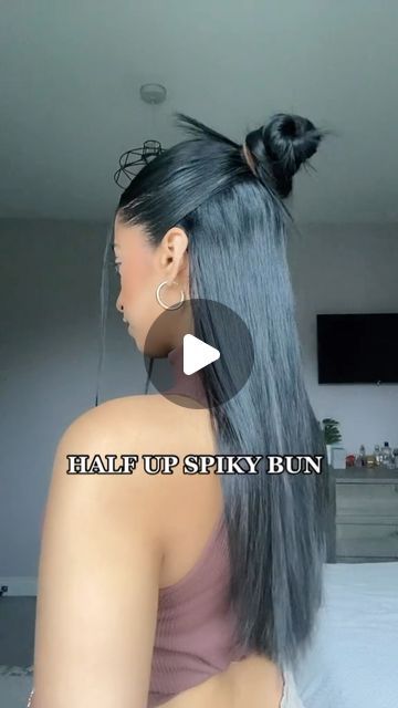 Alisha Kaur on Instagram: "half up hairstyle🤎 #hairtutorial #hairstyle #tutorial #hairstyles #hairinspo #hairideas #sleekbun #viralhairstyle #sleekhair #explore #reels" Half Up Half Down Hair Clip Tutorial, Half Up Spiky Bun, Hairclip Half Up Half Down, Space Buns Half Up Half Down Tutorial, Bun With Hair Sticking Out, Half Up Half Down Spiky Bun, Half Up Half Down Hairclip Tutorial, Half Up Half Down Bun Hairstyles, Half Up Half Down Bun