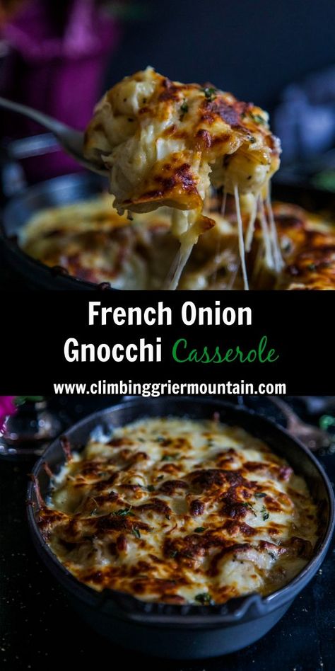 French Onion Gnocchi Casserole - The Curious Plate French Onion Gnocchi, Gnocchi Casserole, Mediterranean Recipe, Veggie Mains, Gnocchi Dishes, Classic French Onion Soup, Veg Recipe, Fresh Recipes, Gnocchi Recipes