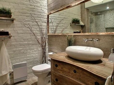 Painting Brick Interior Walls Ideas | Modern bathroom design with white brick wall and wood furniture Painting Brick Interior, Brick Wall Bathroom, Rustic Modern Bathroom, Brick Bathroom, Brick Wall Decor, Design Interior Modern, Brick Interior Wall, Farmhouse Bathroom Decor Ideas, Brick Interior