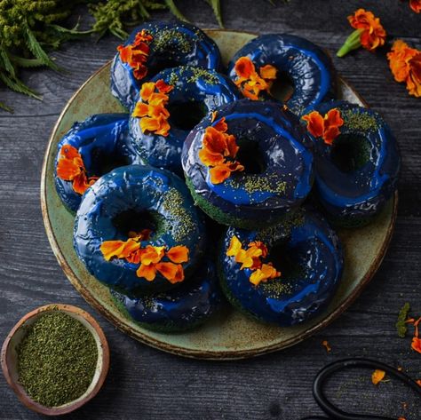 Juliet Blankespoor’s Instagram post: “Nettle Harvest Donuts with Butterfly Pea Flower Frosting, Marigolds & Nettle Seed “Sprinkles” by Tara @themedicinecircle.⠀⠀⠀⠀⠀⠀⠀⠀⠀…” Flower Frosting, Sugar Free Donuts, Donut Filling, Nettle Leaf, Seasonal Desserts, Foraged Food, Sacred Science, Butterfly Pea Flower, Butterfly Pea