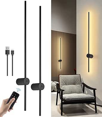 LED Wall Sconces Set of Two Battery Operated, USB Rechargeable Wall Lights Indoor, Dimmable Wall Lamp with Remote Control, 360° Rotation Wireless Lights for Living Room Bedroom Hallway, 39 inch Black Rechargeable Wall Light, Wall Sconces Hallway, Wireless Light, Farmhouse Bathroom Decor Ideas, Lights For Living Room, Wireless Lights, Bedroom Ambiance, Sconces Bedroom, Black Bedroom