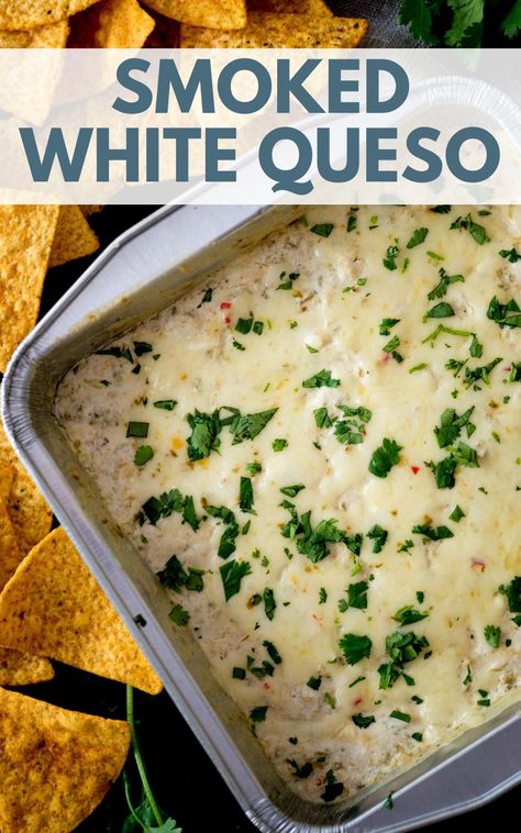 This easy smoked queso dip is the ultimate party dip. This recipe is how to make smoked cheese dip on a pitboss, traeger, or any electric pellet smoker. An easy recipe idea for an appetizer. Traeger Cheese Dip, Queso On The Smoker, Traeger Smoked Queso Dip, Dips In The Smoker, Cheese Dip On Grill, Smoker Cheese Dip, Grill Queso Dip, Smoked White Queso Dip, Smoked Queso Dip On Grill