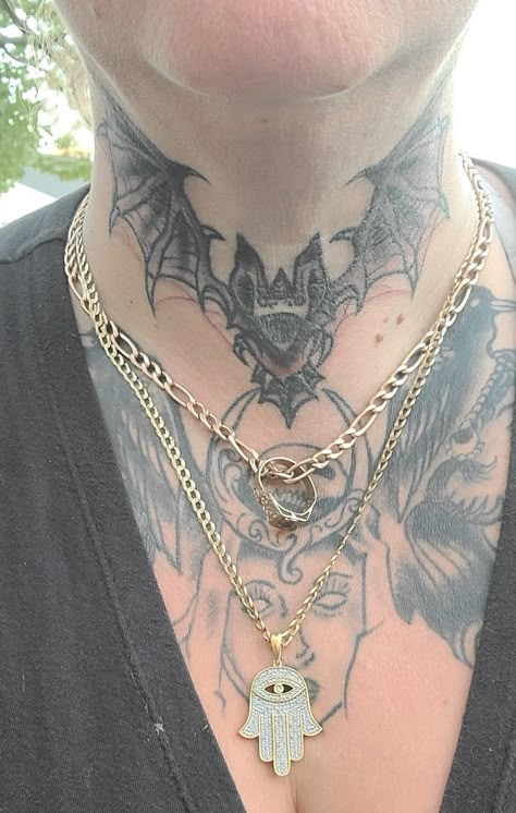 Neck Tattoo Women Throat, Neck Bat Tattoo, Alt Neck Tattoos, Bat Throat Tattoo, Grunge Neck Tattoo, Neck Tattoos Throat, Front Of Neck Tattoo, Traditional Throat Tattoo, American Traditional Neck Tattoo