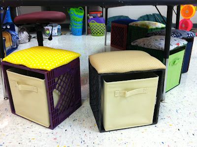 A twist on crate seating. The pull out drawers offer storage space. Cute! Crate Seating, Flexible Seating Classroom, Crate Seats, Alternative Seating, Teaching Organization, Classroom Seating, Organization And Management, Classroom Organisation, Classroom Storage