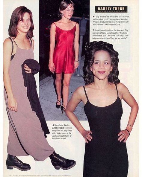 The 90s slip dress trend. I love how Sandra Bullock and Rosie Perez went to premiere's in such an effortless/ chill vibes style. 90s Fashion Dresses, 90s Slip Dress, Slip Dress Outfit, Fashion 1990s, 90s Prom, 80s 90s Fashion, 90s Outfits, 90s Fashion Grunge, 00s Fashion