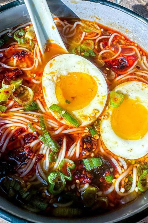 Closeup of easy spicy gochujang noodle soup served in a grey bowl with a Chinese soup spoon, topped with 2 half slices of jammy eggs, green onions, and chili oil. Soup Recipes Ramen, Korean Ramen Recipes, Spicy Ramen Soup, Dinner Recipes Spicy, Spicy Ramen Noodle Recipes, Spicy Noodles Recipe, Gochujang Noodles, Ramen Noodle Recipes Soup, Spicy Soup Recipes