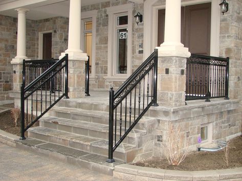 Aluminum Porch Railings Aluminum Porch Railing, Stone Skirting, Front Porch Railing Ideas, Porch Handrails, Aluminum Railings, Porch Railing Designs, Stairs Railing, Outdoor Handrail, Front Porch Railings