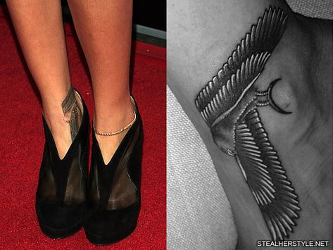 Rihanna's Tattoos & Meanings | Steal Her Style Rihanna Ankle Tattoo, Tattoos For Her, Evermore Tattoo, Egyptian Falcon, Notes Tattoo, Rihanna Tattoo, Rihanna Cover, Music Notes Tattoo, Birthday Accessories