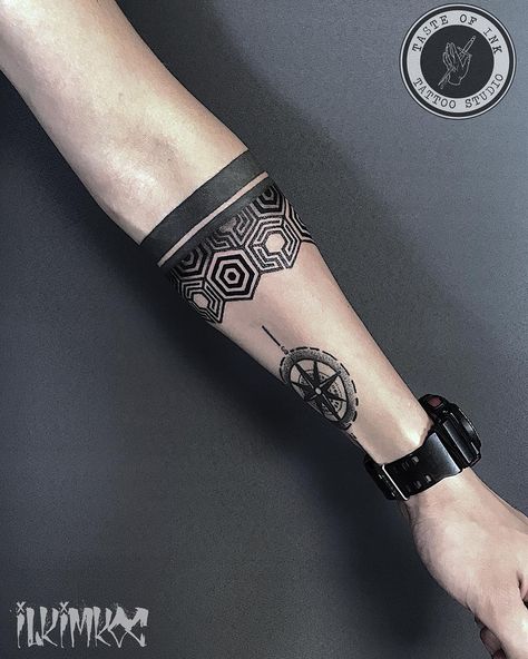 No photo description available. Strip Tattoo Arm, Forearm Band Tattoo Design For Men, Geometric Arm Tattoo, Band Tattoos For Men, Geometric Line Tattoo, Geometric Sleeve Tattoo, Band Tattoos, Forearm Band Tattoos, Band Tattoo Designs