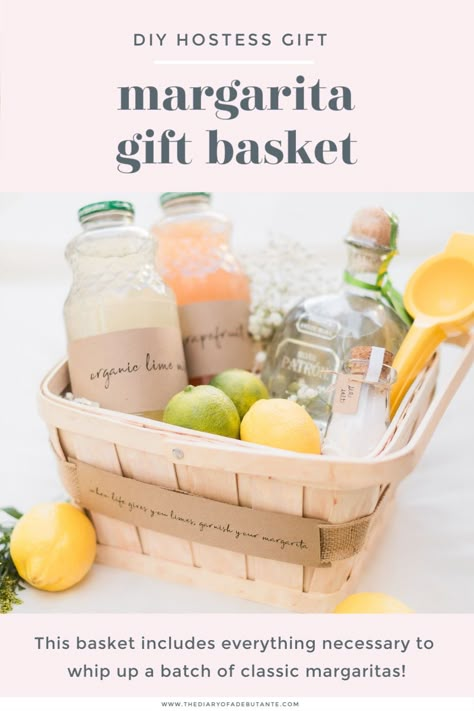 Looking for fun and creative cocktail gift basket ideas? Blogger Stephanie Ziajka shares a colorful DIY margarita gift basket (complete with Patron tequila, organic lime juice, organic grapefruit juice, citrus squeezer, margarita salt, and fresh citrus) in today's post! Click through for dozens of margarita gift basket ideas, including a DIY margarita gift tag and label inspiration, on Diary of a Debutante! #margarita #giftbasket #cocktailkit #hostessgift #giftideas Patron Gift Basket, Margarita Birthday Gift, Cookbook Gift Basket Ideas, Margarita Gift Basket Ideas Diy, Tequila Gift Basket Ideas Diy, Diy Margarita Gift Basket, Hostess Gift Basket Ideas, Margarita Gift Ideas, Lemon Gift Basket Ideas