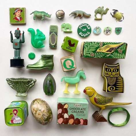 Jane Housham (Found and Chosen) on Instagram: "I’ve been on the hunt for #unusualshades of #green, which I love. Oh, and can you spot the little ‘joke’? . . #stufficollect #greenobjects #sludgygreen" Collection Of Objects, Green Trinkets, Green Objects, Tiny Trinkets, Small Objects, Little Trinkets, Found Objects, Objects Aesthetic, Small Things