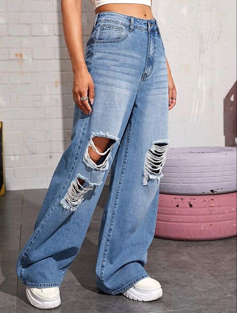 Denim Pants Distressed Wide Leg Jeans at Amazon Women's Jeans store Ripped Denim Pants, High Rise Wide Leg Jeans, Boyfriend Jean, Bleach Wash, Destroyed Jeans, Edgy Look, Ripped Denim, Baggy Jeans, Jeans Brands